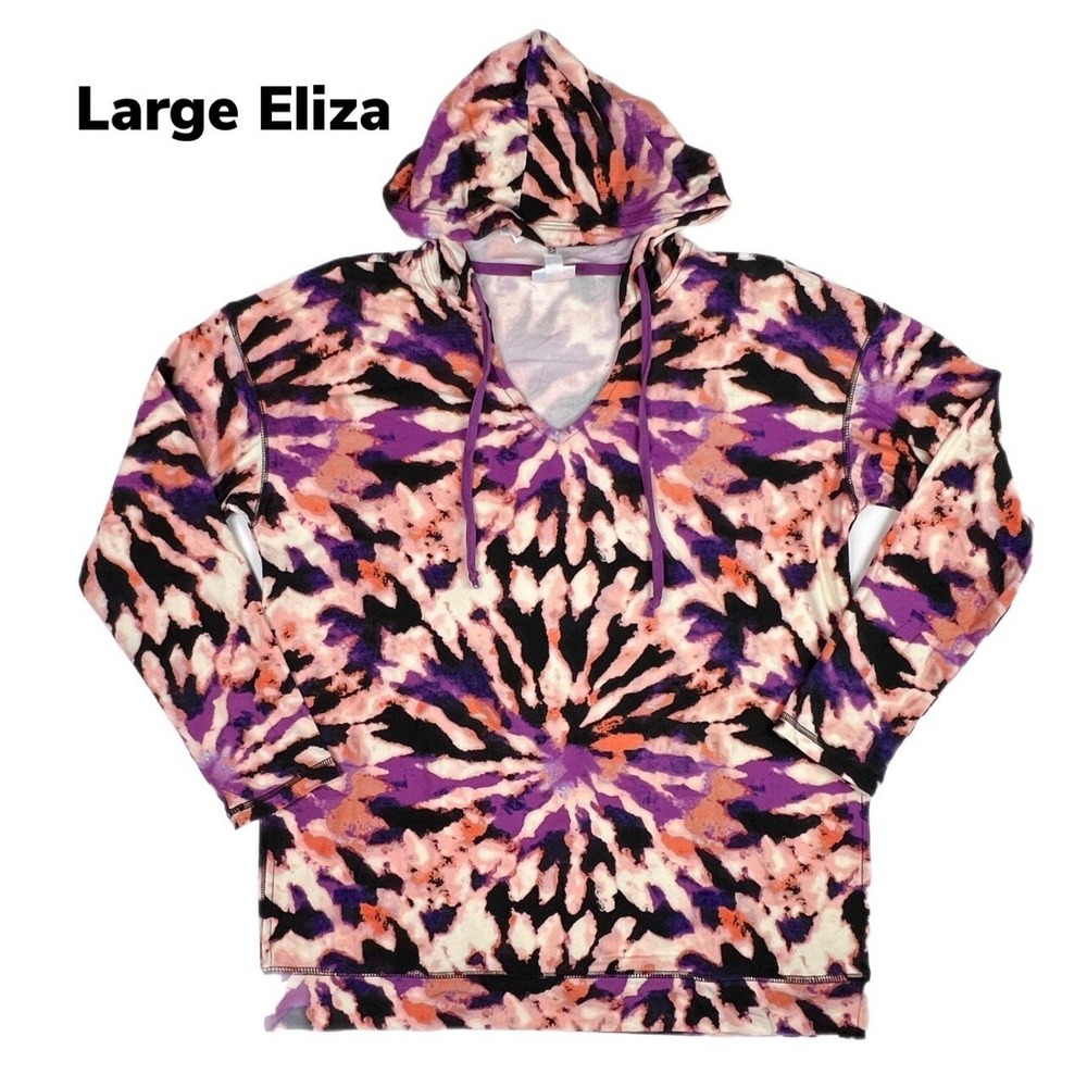Large LuLaRoe Eliza Hoodie Halloween Tie Dye Purple Soft Material Fits 14/16
